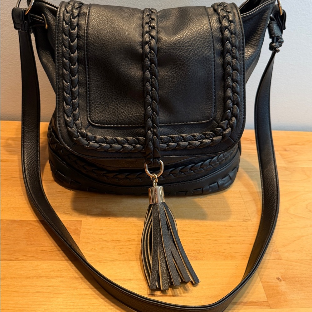 JustFab Black Braided Tassel Crossbody Shoulder Bag